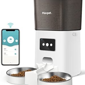 Mavpet 6L Automatic Cat Feeder, 2.4G WiFi Smart Dry Food Dispenser, Detachable Pet Feeder with Two Stainless Steel Bowls & Meal Splitter, APP Control, 10s Voice Recording, Up to 15 Meals Per Day