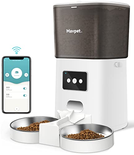 Mavpet 6L Automatic Cat Feeder, 2.4G WiFi Smart Dry Food Dispenser, Detachable Pet Feeder with Two Stainless Steel Bowls & Meal Splitter, APP Control, 10s Voice Recording, Up to 15 Meals Per Day