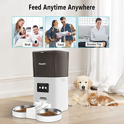 Mavpet 6L Automatic Cat Feeder, 2.4G WiFi Smart Dry Food Dispenser, Detachable Pet Feeder with Two Stainless Steel Bowls & Meal Splitter, APP Control, 10s Voice Recording, Up to 15 Meals Per Day