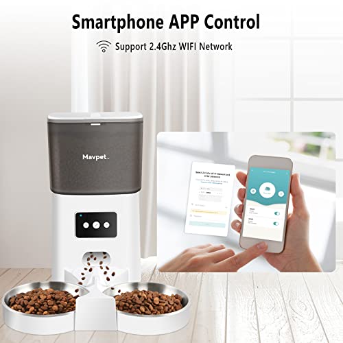 Mavpet 6L Automatic Cat Feeder, 2.4G WiFi Smart Dry Food Dispenser, Detachable Pet Feeder with Two Stainless Steel Bowls & Meal Splitter, APP Control, 10s Voice Recording, Up to 15 Meals Per Day