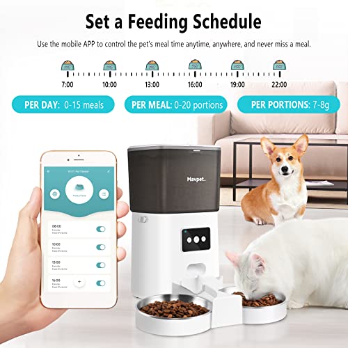 Mavpet 6L Automatic Cat Feeder, 2.4G WiFi Smart Dry Food Dispenser, Detachable Pet Feeder with Two Stainless Steel Bowls & Meal Splitter, APP Control, 10s Voice Recording, Up to 15 Meals Per Day