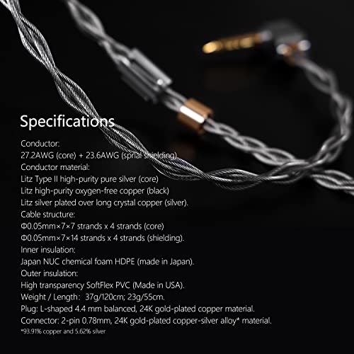 DD ddHiFi BC130A (Air Nyx) Silver Earphone Upgrade Cable with Shielding Layer, Available in 4.4mm L-Shape Plug and 2-Pin 0.78 Connector, Standard Length of 120cm