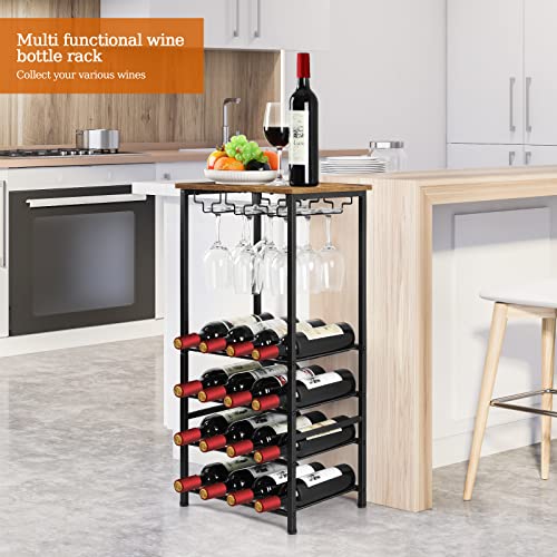 Vrisa Wine Rack Freestanding Floor 16 Bottles Wine Rack with 9 Glass Holder Wine Bottle Holder Stand Wine Racks for Floor 5 Tiers Wine Holder Stand for Kitchen Dining Room, Office, Bar, Rustic Brown