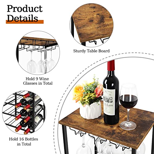 Vrisa Wine Rack Freestanding Floor 16 Bottles Wine Rack with 9 Glass Holder Wine Bottle Holder Stand Wine Racks for Floor 5 Tiers Wine Holder Stand for Kitchen Dining Room, Office, Bar, Rustic Brown