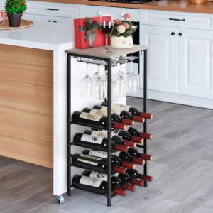 vrisa freestanding floor 16 bottles wine rack with 9 wine glass holder, wine holder stand for floor, 5 tiers wine bottle organizer stand, dark oak