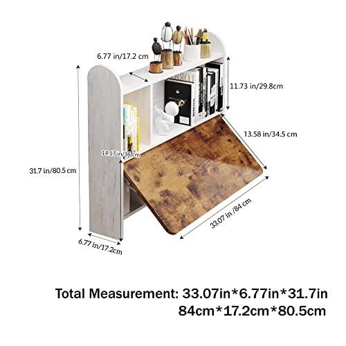 Bixiaomei Wall Mounted Drop-Leaf Table, Floating Laptop Desk, Folding Table with Shelves, Multifunctional Computer Workstation with Storage Compartments in Home Office for Space Saving (Rustic Brown)