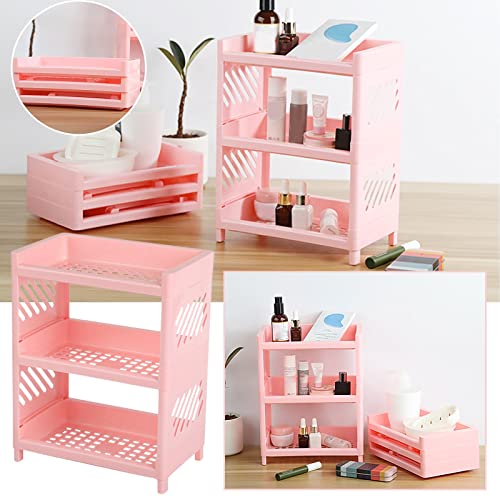 TODOZO Bathroom Supplies Storage Three Tier Shelf Bedroom Finishing Rack Bathroom Shelf Kitchen Bathroom Decorations (Pink, One Size)