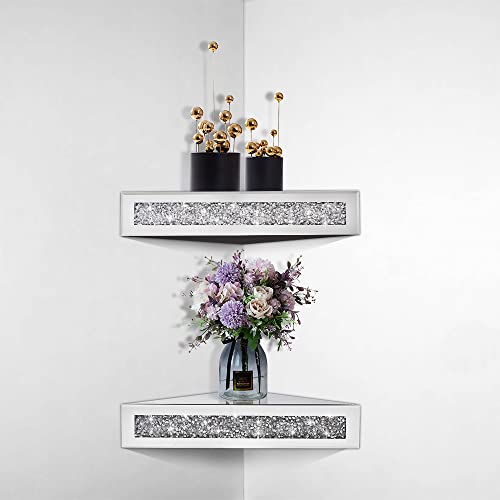 Pibeyer Crystal Crush Diamond Silver Floating Corner Shelf Set of 2, Decorative Mirrored Wall Shelves, Home Decor Wall Art Accent Piece Showcase 11.8" L×11.8" W×3.1" H