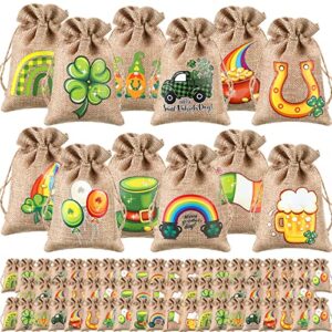 120 pcs st. patrick's day linen gift bag irish clover burlap bags with drawstring small shamrock goodie bag mini holiday treat sacks bulk gifts for coworkers candy party favor, 12 designs, 4 x 5.5''