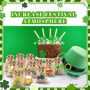 120 Pcs St. Patrick's Day Linen Gift Bag Irish Clover Burlap Bags with Drawstring Small Shamrock Goodie Bag Mini Holiday Treat Sacks Bulk Gifts for Coworkers Candy Party Favor, 12 Designs, 4 x 5.5''