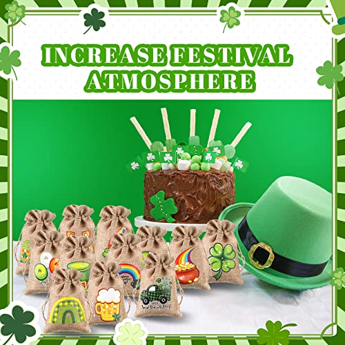 120 Pcs St. Patrick's Day Linen Gift Bag Irish Clover Burlap Bags with Drawstring Small Shamrock Goodie Bag Mini Holiday Treat Sacks Bulk Gifts for Coworkers Candy Party Favor, 12 Designs, 4 x 5.5''