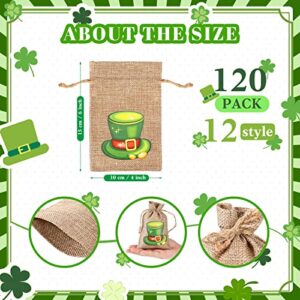 120 Pcs St. Patrick's Day Linen Gift Bag Irish Clover Burlap Bags with Drawstring Small Shamrock Goodie Bag Mini Holiday Treat Sacks Bulk Gifts for Coworkers Candy Party Favor, 12 Designs, 4 x 5.5''