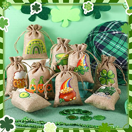 120 Pcs St. Patrick's Day Linen Gift Bag Irish Clover Burlap Bags with Drawstring Small Shamrock Goodie Bag Mini Holiday Treat Sacks Bulk Gifts for Coworkers Candy Party Favor, 12 Designs, 4 x 5.5''