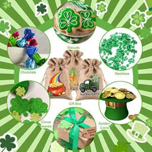 120 Pcs St. Patrick's Day Linen Gift Bag Irish Clover Burlap Bags with Drawstring Small Shamrock Goodie Bag Mini Holiday Treat Sacks Bulk Gifts for Coworkers Candy Party Favor, 12 Designs, 4 x 5.5''