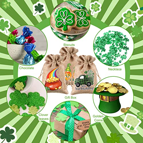 120 Pcs St. Patrick's Day Linen Gift Bag Irish Clover Burlap Bags with Drawstring Small Shamrock Goodie Bag Mini Holiday Treat Sacks Bulk Gifts for Coworkers Candy Party Favor, 12 Designs, 4 x 5.5''