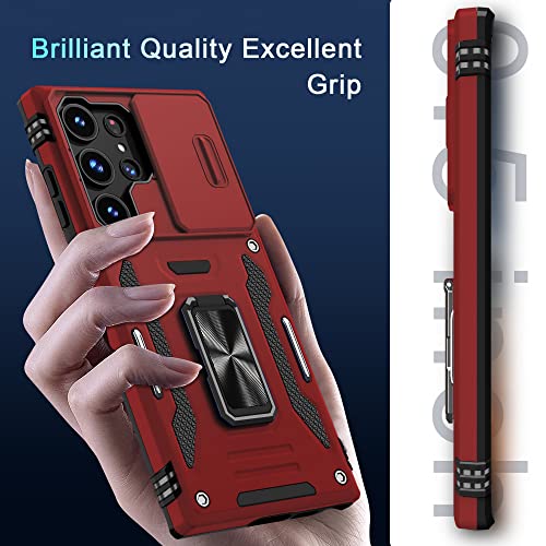 DEERLAMN for Samsung Galaxy S23 Ultra Case with Slide Camera Cover,Built-in Rotated Ring Kickstand [Full Camera Protection] [Military Grade] Heavy Duty Shockproof Protective Case Cover-Red