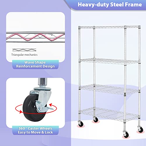 FDW 4-Tier Wire Shelving Storage Shelves Adjustable NSF Wire Shelf Heavy Duty Storage Shelving Unit on 3” Wheel Casters Commercial Metal Wire Rack 36L x 14W x 62H,Chrome