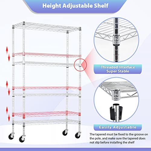 FDW 4-Tier Wire Shelving Storage Shelves Adjustable NSF Wire Shelf Heavy Duty Storage Shelving Unit on 3” Wheel Casters Commercial Metal Wire Rack 36L x 14W x 62H,Chrome