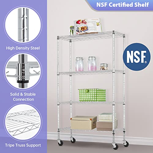 FDW 4-Tier Wire Shelving Storage Shelves Adjustable NSF Wire Shelf Heavy Duty Storage Shelving Unit on 3” Wheel Casters Commercial Metal Wire Rack 36L x 14W x 62H,Chrome