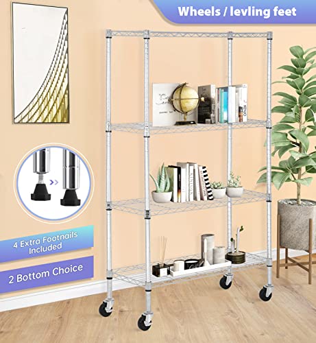 FDW 4-Tier Wire Shelving Storage Shelves Adjustable NSF Wire Shelf Heavy Duty Storage Shelving Unit on 3” Wheel Casters Commercial Metal Wire Rack 36L x 14W x 62H,Chrome