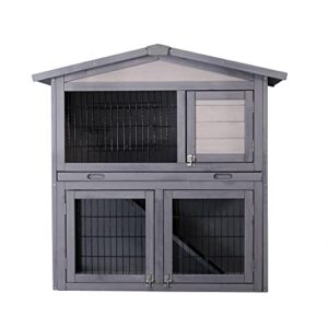 ampela 2 level rabbit hutch outdoor, wooden bunny guinea pig hutch with outdoor run water resistant roof pull out tray ramp