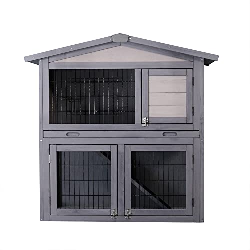 Ampela 2 Level Rabbit Hutch Outdoor, Wooden Bunny Guinea Pig Hutch with Outdoor Run Water Resistant Roof Pull Out Tray Ramp