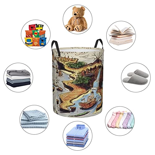 Laundry Basket,Peter Pan Neverland Map,Large Canvas Fabric Lightweight Storage Basket/Toy Organizer/Dirty Clothes Collapsible Waterproof For College Dorms-Large