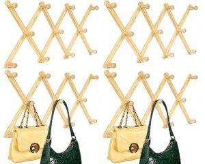 4 pcs expandable hat rack coat rack wooden accordion wall hanger wall mount hat rack holder for hanging coffee mug cup jackets purses necklaces towels leash belt umbrella (wood color, 10 hooks)