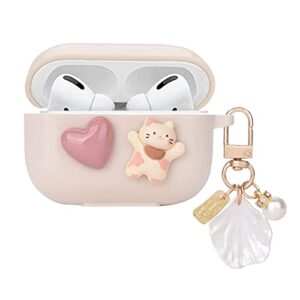 cute kawaii airpod pro case with shell pearl keychain love heart cat design silicone tpu cover compatible with airpods pro case for women and girls