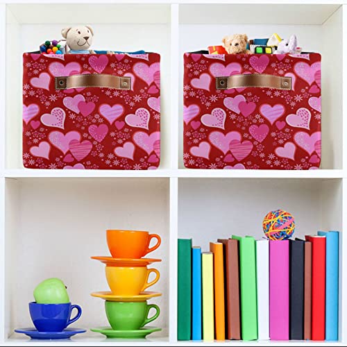 Wusikd Valentines Day Red Heart Storage Basket Set of 1 Large Fabric Flowers Spring Storage Basket Bins Box Cube with Handles Collapsible Closet Shelf Clothes Organizer Basket for Nursery Bedroom