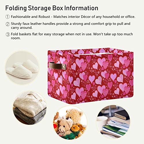 Wusikd Valentines Day Red Heart Storage Basket Set of 1 Large Fabric Flowers Spring Storage Basket Bins Box Cube with Handles Collapsible Closet Shelf Clothes Organizer Basket for Nursery Bedroom