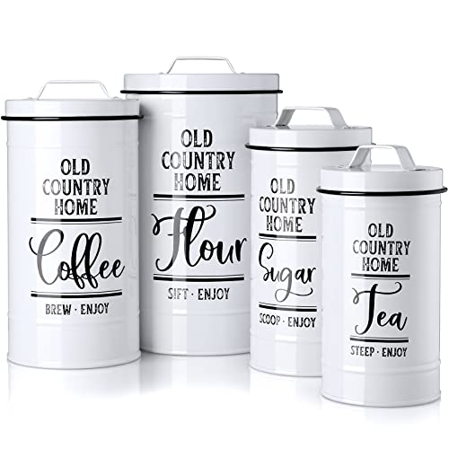 DAYYET Canisters Sets for the Kitchen, Airtight Kitchen Canisters for Countertop, Flour and Sugar Containers, Tea Coffee Sugar Canister Set, Coffee Bar Decor and Accessories, Set of 4, White