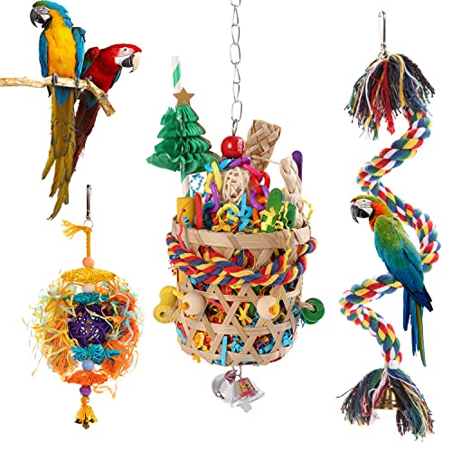 RLRICH 3 Pack Bird Toys Foraging Shredding Parakeet Toy Rope Perch Foraging Basket with Colorful Bird Shredded Paper Chewing Parrot Toys Bird Cage Accessories for Cockatiel Conure