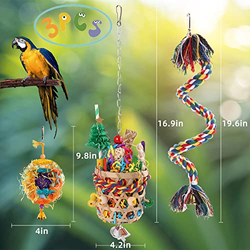 RLRICH 3 Pack Bird Toys Foraging Shredding Parakeet Toy Rope Perch Foraging Basket with Colorful Bird Shredded Paper Chewing Parrot Toys Bird Cage Accessories for Cockatiel Conure