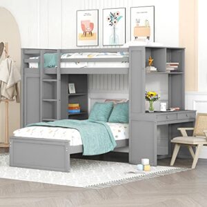 twin size loft bed with desk and wardrobe, wood loft bed frame with storage shelves and a stand-alone bed, twin over twin bunk bed frame for kids teens adults (bottom bed can be moved, gray)