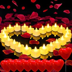 homemory romantic night for her set, 1000pcs artificial rose petals | 30pcs burgundy heart balloon | 24pcs battery candles, heart tea lights candles for romantic night, valentine, wedding, anniversary