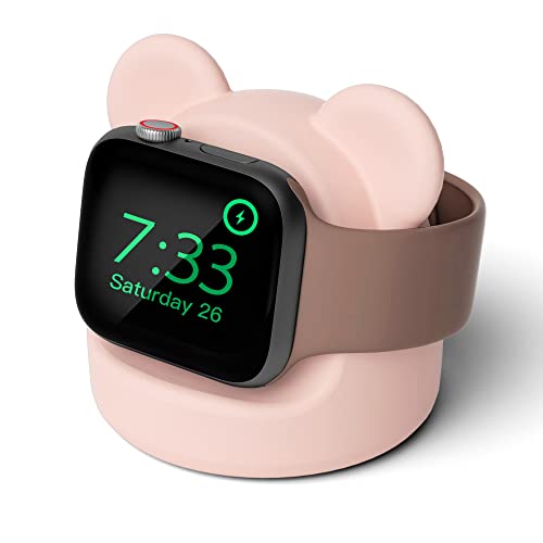 AFOOYO Bear Charger Stand Silicone Dock Holder for Apple Watch Series 8/Ultra/SE2/7/6/SE/5/4/3/2/1 (49/45/44/42/41/40/38mm),Bear iWatch Charging Dock,Supports Nightstand Mode,Blush Pink