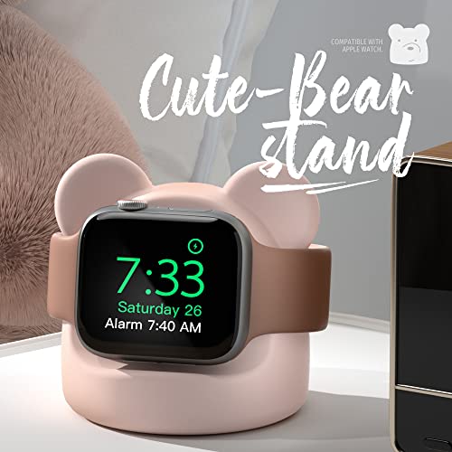 AFOOYO Bear Charger Stand Silicone Dock Holder for Apple Watch Series 8/Ultra/SE2/7/6/SE/5/4/3/2/1 (49/45/44/42/41/40/38mm),Bear iWatch Charging Dock,Supports Nightstand Mode,Blush Pink