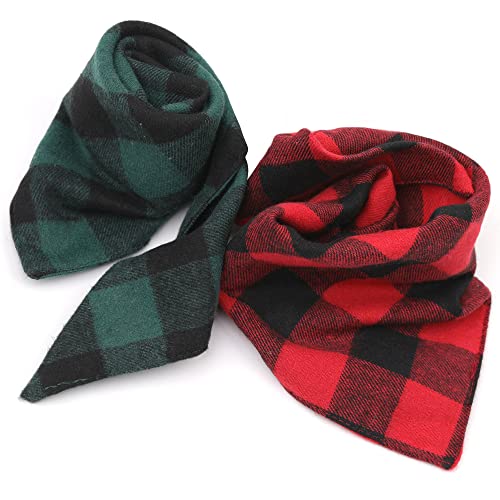 2 Pack Dog Bandana Christmas Pet Triangle Classic Plaid Scarves Thanksgiving Dog Scarfs for Small Medium Large Dogs Adjustable Dogs Bibs Scarfs for Girl and Boy(Large, Green Grid and Red Grid)