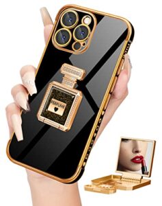 buleens for iphone14 pro max case with metal perfume bottle mirror stand, cute women girly heart cases for 14 pro max case, elegant luxury phone cover for iphone14 pro max case 6.7'' black