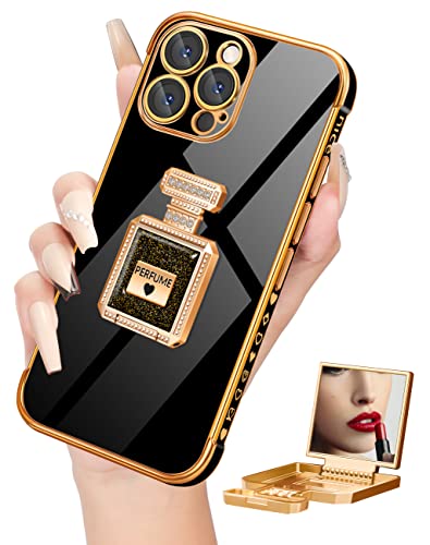 Buleens for iPhone14 Pro Max Case with Metal Perfume Bottle Mirror Stand, Cute Women Girly Heart Cases for 14 Pro Max Case, Elegant Luxury Phone Cover for iPhone14 Pro Max Case 6.7'' Black