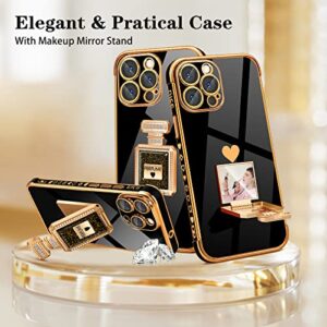 Buleens for iPhone14 Pro Max Case with Metal Perfume Bottle Mirror Stand, Cute Women Girly Heart Cases for 14 Pro Max Case, Elegant Luxury Phone Cover for iPhone14 Pro Max Case 6.7'' Black