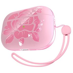 ROMSEA for AirPods Pro 2nd Generation Case Cover 2022, Rose Engraved Bling Floral Replacement Charging Case Cover for Women Shock-Absorbing Protective Case with Lanyard [Front LED Visible],Pink