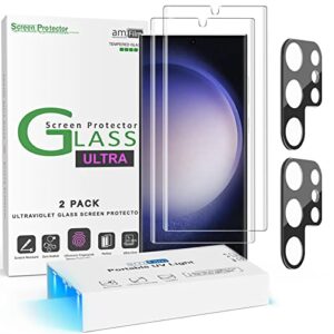 amfilm compatible with samsung galaxy s23 ultra screen protector tempered glass and camera lens protector 5g 6.8 inch, fingerprint sensor compatible, uv gel adhesive installation(2 pack)