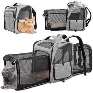 cat backpack carrier, whdpets 2 sides expandable pet backpack for cats dogs fit up to 20 lbs, breathable cat carrier with inner safety leash, grey