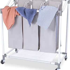 Laundry Basket with Wheels, Laundry Hamper 3 Section Removable Hampers for Laundry Organization and Storage, Metal Frame Cart with 90lbs Capacity, Mesh Sided Foldable Bags, No-Screw Simple Assembled