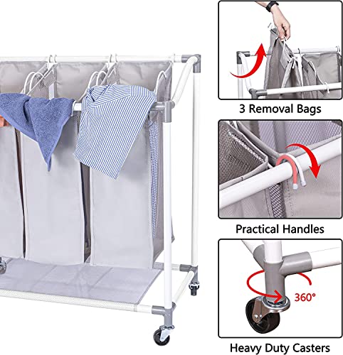 Laundry Basket with Wheels, Laundry Hamper 3 Section Removable Hampers for Laundry Organization and Storage, Metal Frame Cart with 90lbs Capacity, Mesh Sided Foldable Bags, No-Screw Simple Assembled