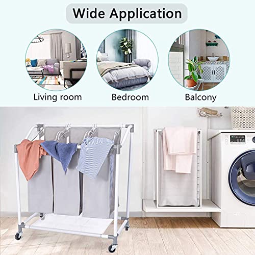 Laundry Basket with Wheels, Laundry Hamper 3 Section Removable Hampers for Laundry Organization and Storage, Metal Frame Cart with 90lbs Capacity, Mesh Sided Foldable Bags, No-Screw Simple Assembled