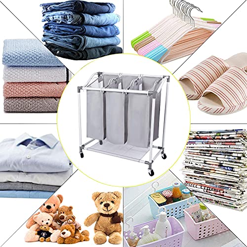 Laundry Basket with Wheels, Laundry Hamper 3 Section Removable Hampers for Laundry Organization and Storage, Metal Frame Cart with 90lbs Capacity, Mesh Sided Foldable Bags, No-Screw Simple Assembled