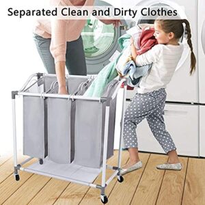 Laundry Basket with Wheels, Laundry Hamper 3 Section Removable Hampers for Laundry Organization and Storage, Metal Frame Cart with 90lbs Capacity, Mesh Sided Foldable Bags, No-Screw Simple Assembled